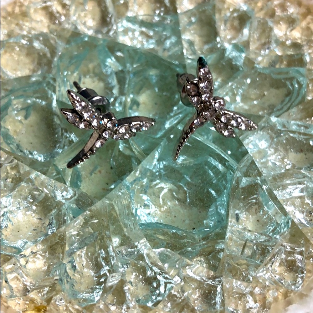 Dragonfly stud earrings in silver and rhinestone